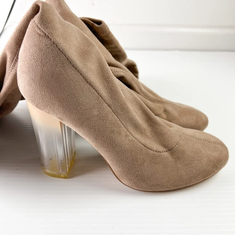 Truffle Collection Boots womens 8.5 Tan Knee High Theda Clear Heel Pull On